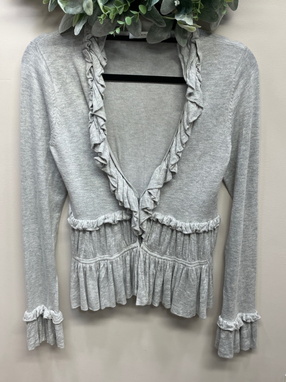 Boston Proper Gray Ruffled Long Sleeve Cardigan Sweater Peplum Style S